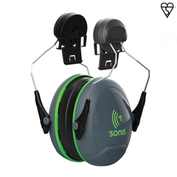 Sonis 1 Helmet Mounted Dark Grey Cup/Ex-Vis Green Plate Ear Defenders